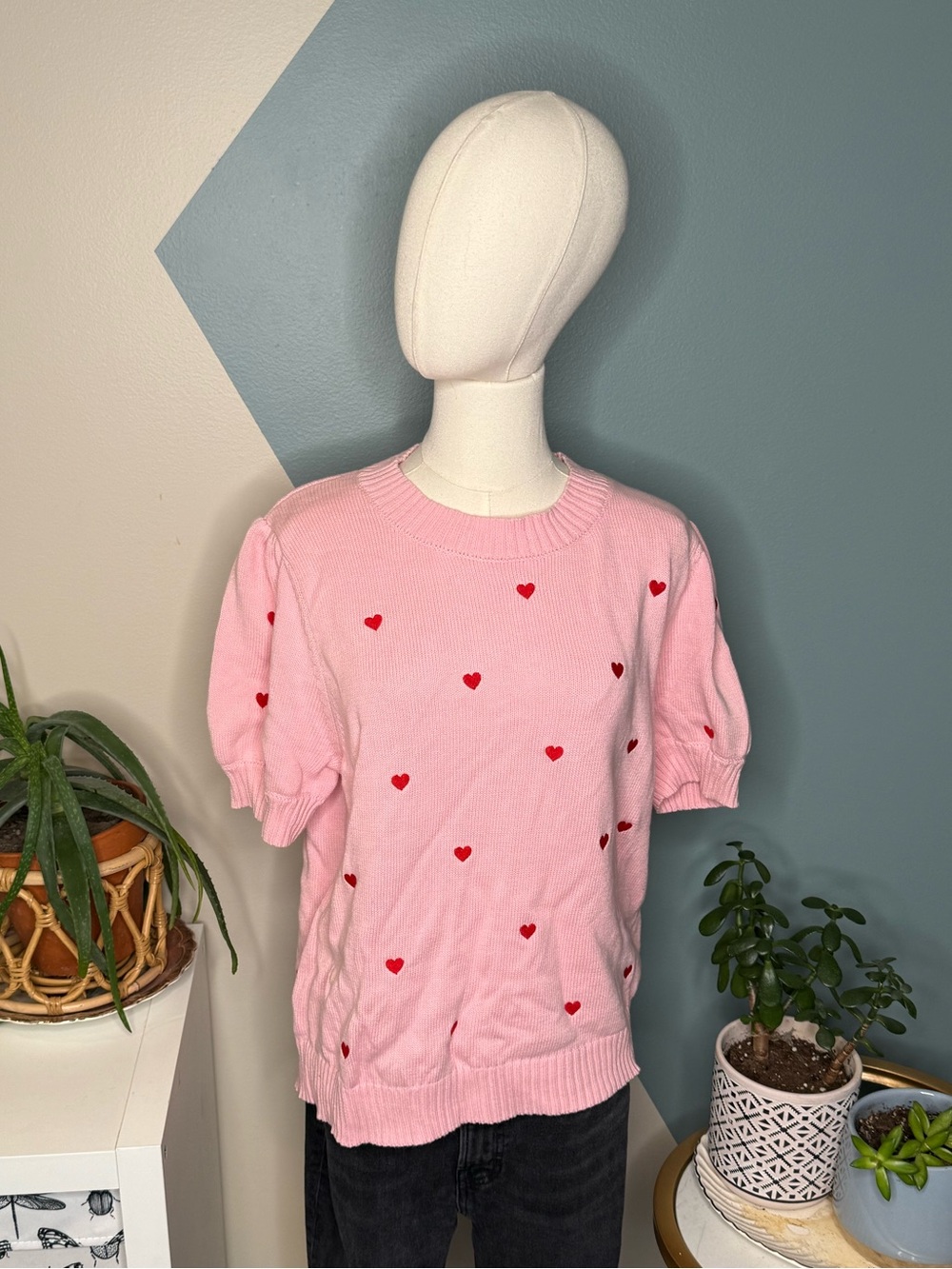 Pink Heart Puff Sleeve Cotton Sweater 2X Coquette Romantic Hearts Knit Top - Picture 2 of 10